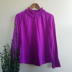 J Crew silk ruffle neckline longsleeve purple top